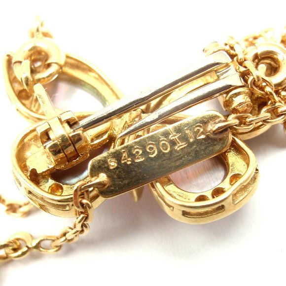 VAN CLEEF & ARPELS 18k Yellow Gold Diamond MOP Coral Butterfly Brooch Necklace - Picture 9 of 12